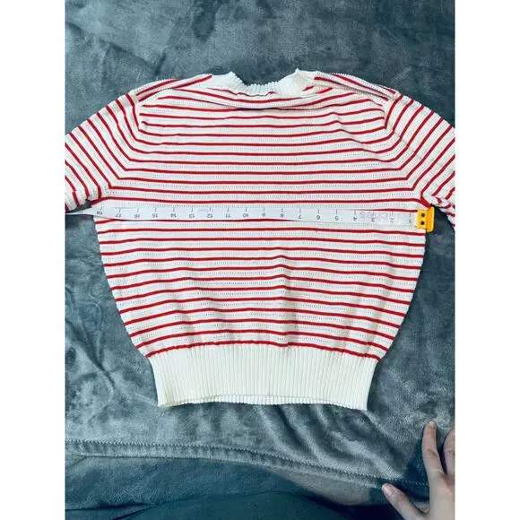 NWT Madewell Size Small Textural-Stitch Cotton Sweater Short Sleeve Red White - Picture 8 of 9